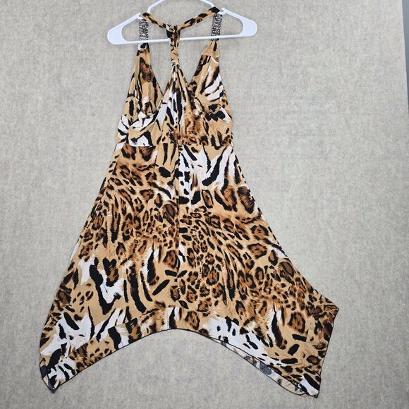 Leopard Print Sleeveless Handkerchief Hem Dress With Rhinestone Straps Size XL - Picture 2 of 7